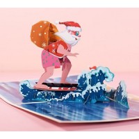 Handmade 3D Pop Up Christmas Card Santa Claus surfing board sea waves dolphin sea lion summer Happy Christmas seasonal greetings card for friend family, him and her